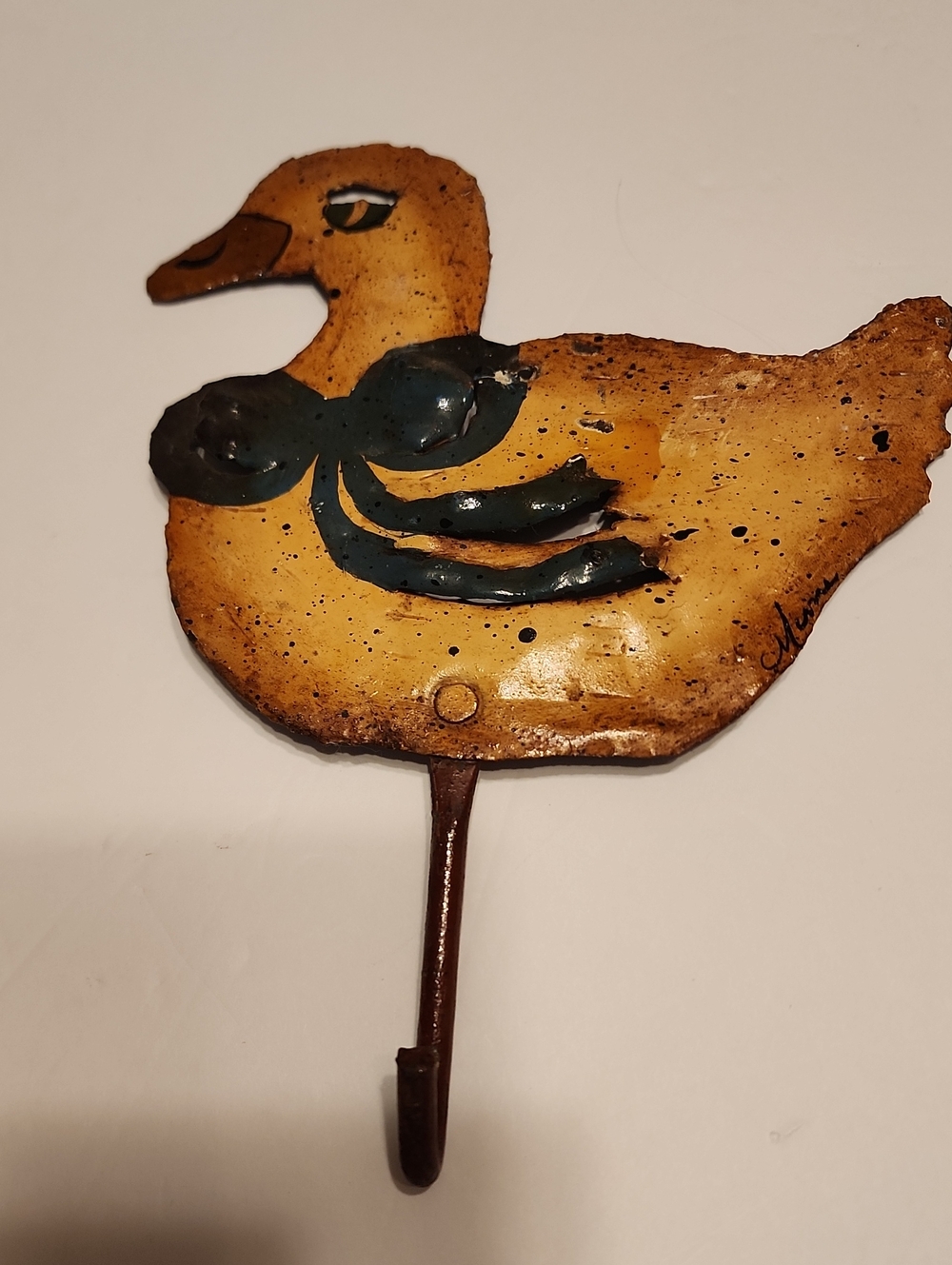 Yellow Duck Wall Hook with Blue Accents - Decorative Bird Hook Farmhouse Country